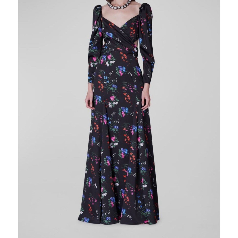 NWD Carolina Herrera Floral Print Crossover Cutout Puff Sleeve Maxi Dress Gown